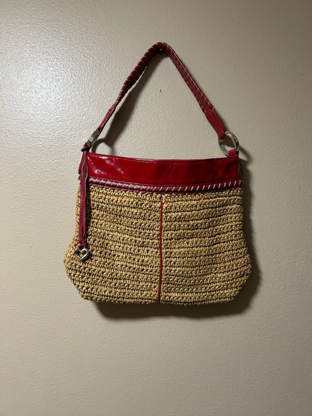 Brighton Straw Raffia Woven Shoulder Bag Purse Red Leather Trim Beach Boho Hobo